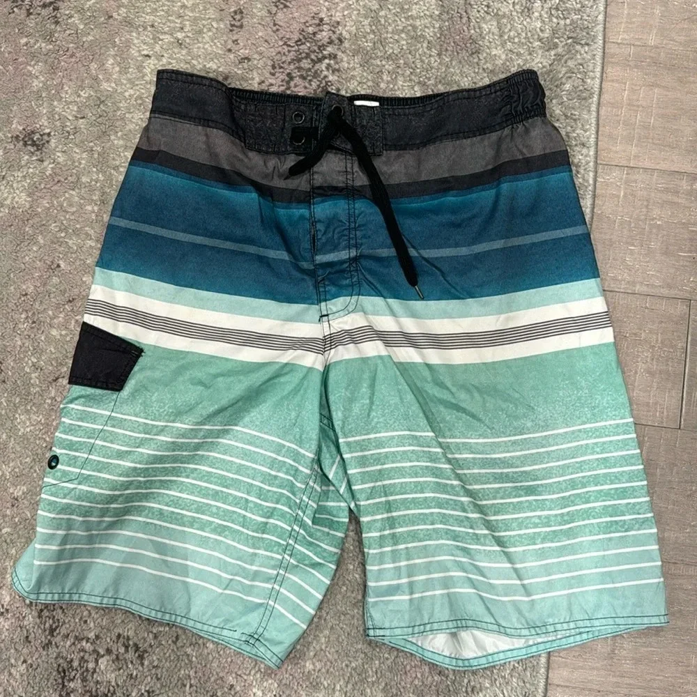 Light Blue Men's Stripe Swim Trunks Board Shorts Sz M